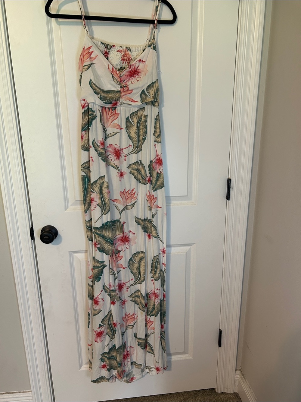 Roxy White Maxi Dress with Pink Floral & Green Leaf Print